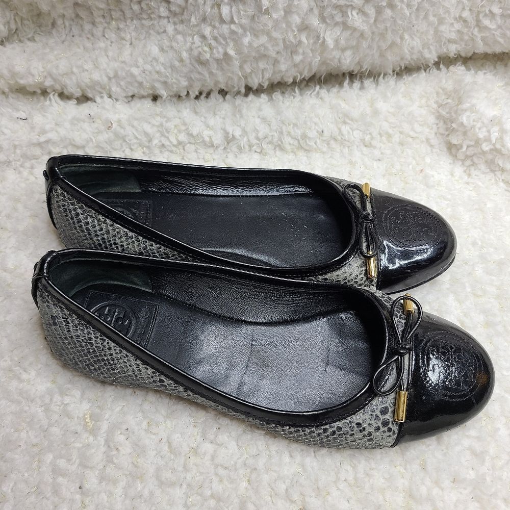 Tory Burch Womens Black Leather Snake Print‎ Verbena Cap Toe Ballet Flat …